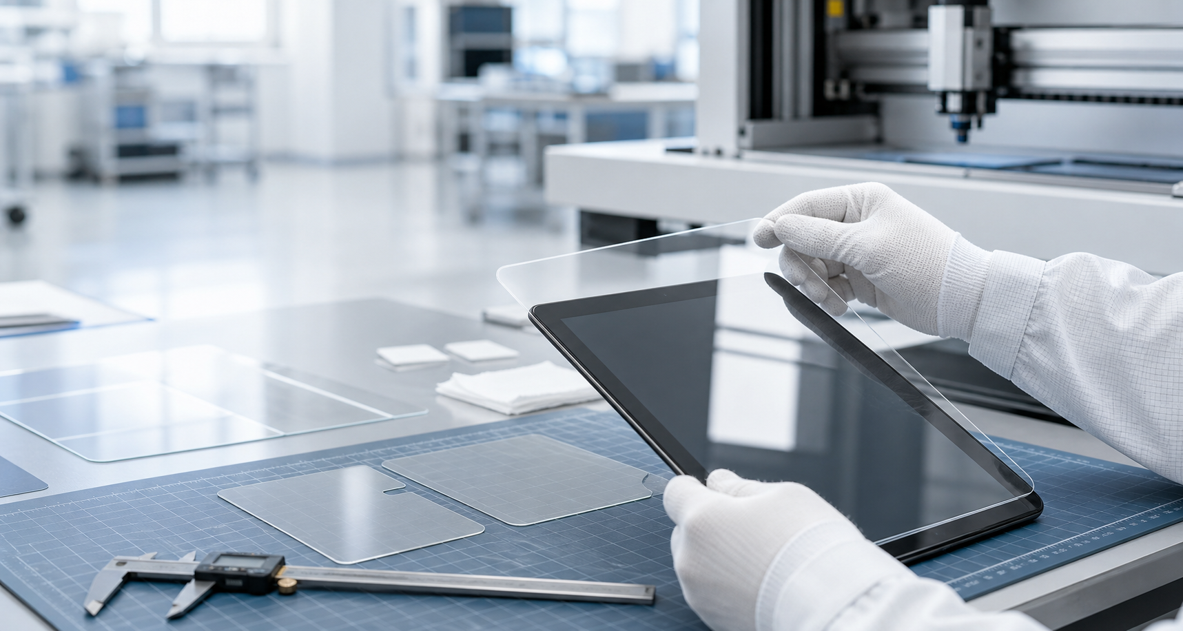 Custom screen protector inspection on a manufacturing bench
